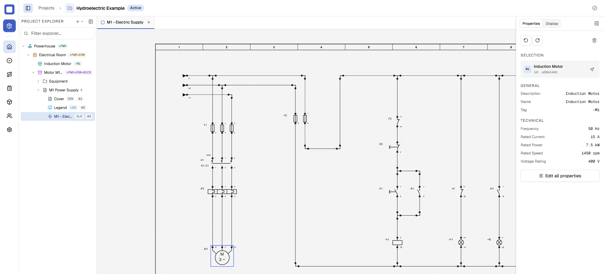 The EngifyHub workspace — a single-line diagram open on the canvas with the project explorer and equipment properties panel